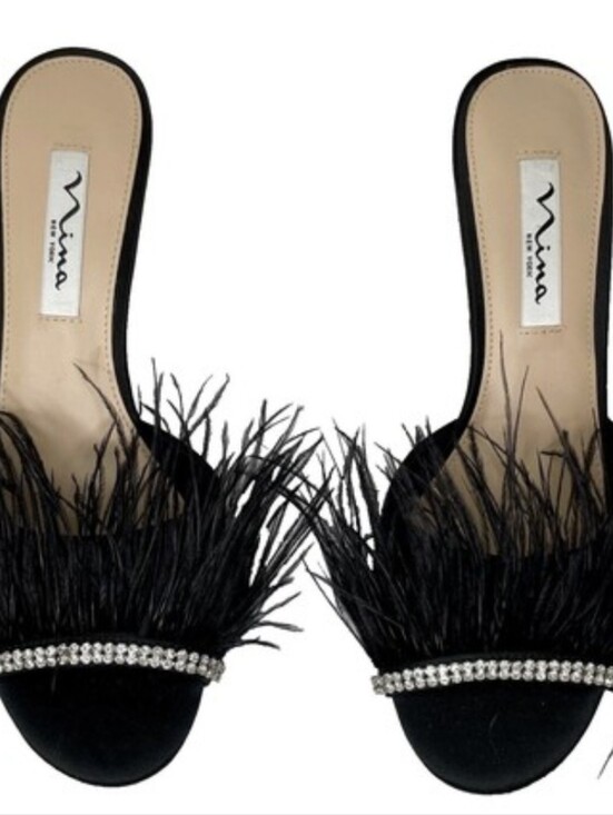 Nina Shoes - Nina Black Feather & Crystal Slide Sandals Size 6.5